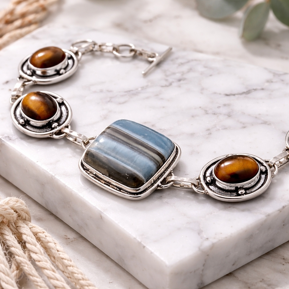 925 Silver Handcrafted Botswana Agate Tigers Eye Gemstone Toggle Boho Bracelet - Picture 5 of 13